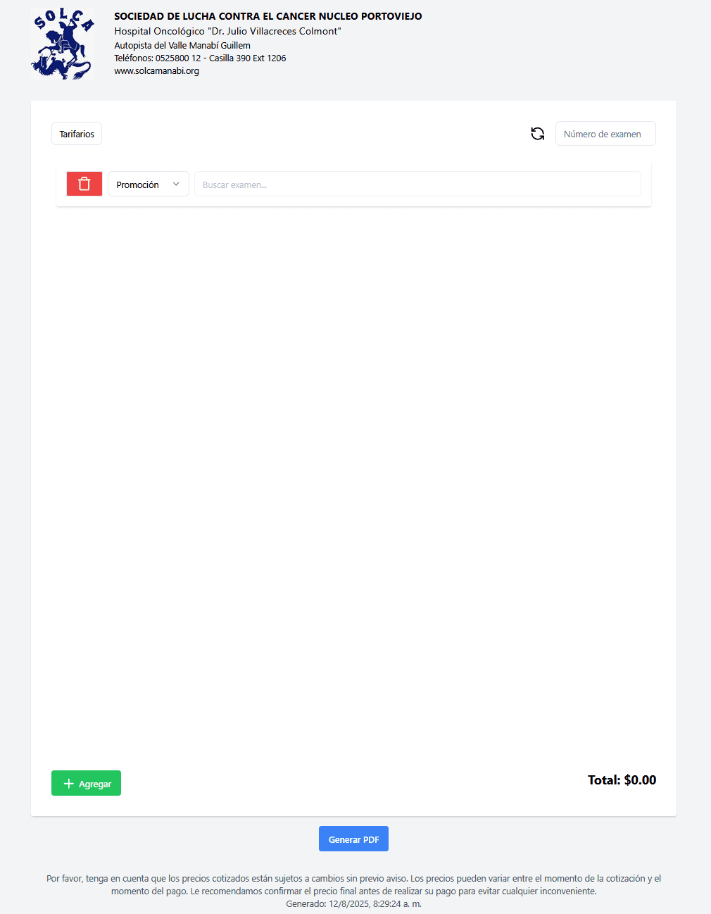 Cotizador de Exámenes Médicos – SOLCA